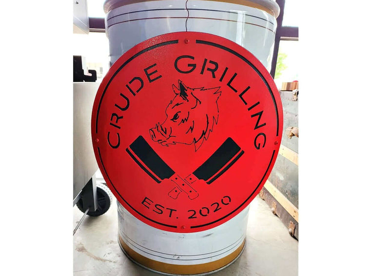 Crude Grilling Pit Barrel Curved Metal Logo Sign