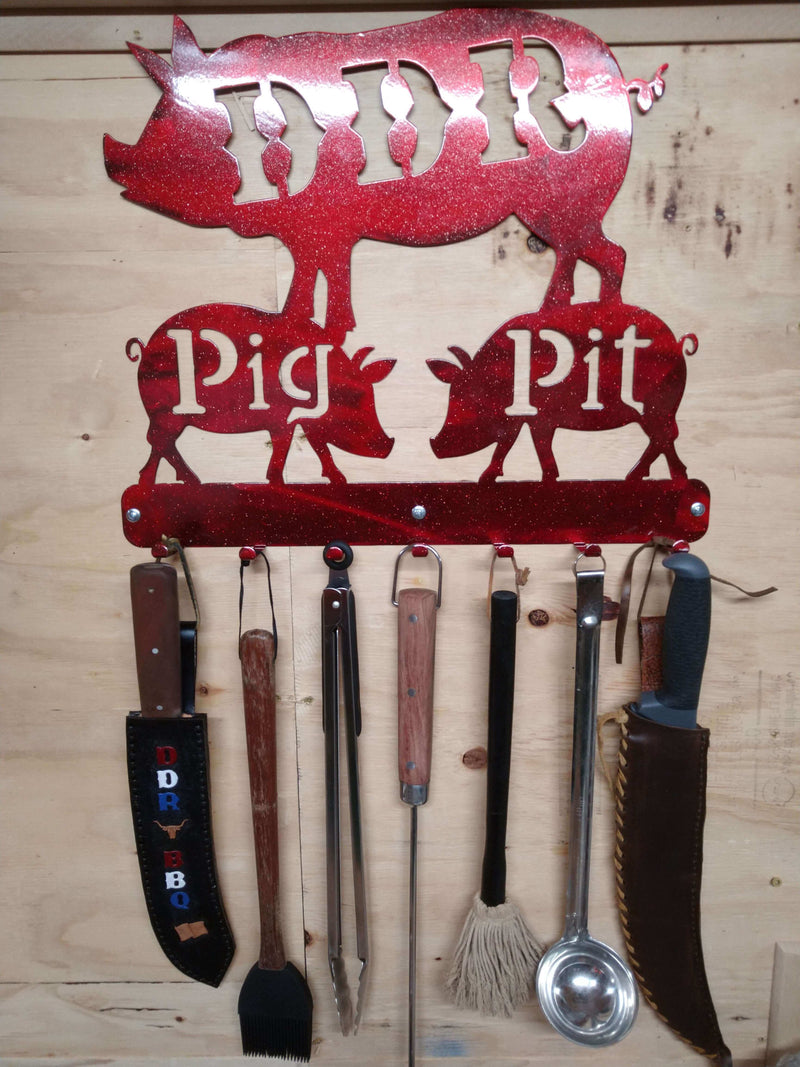 Dad's Pig Pit with Hooks Metal BBQ Sign